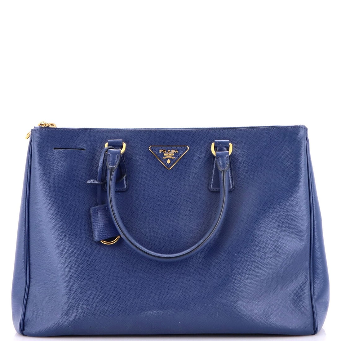 Saffiano Leather Double Tote Lux Prada Large: Saffiano Leather Double Tote Lux Prada Large Saffiano Leather Double Zip Lux Tote in Blue measures 10.5" high, 14" wide, and 6" deep, with a 4.5" drop handle. The exterior features heavy corner wear, 