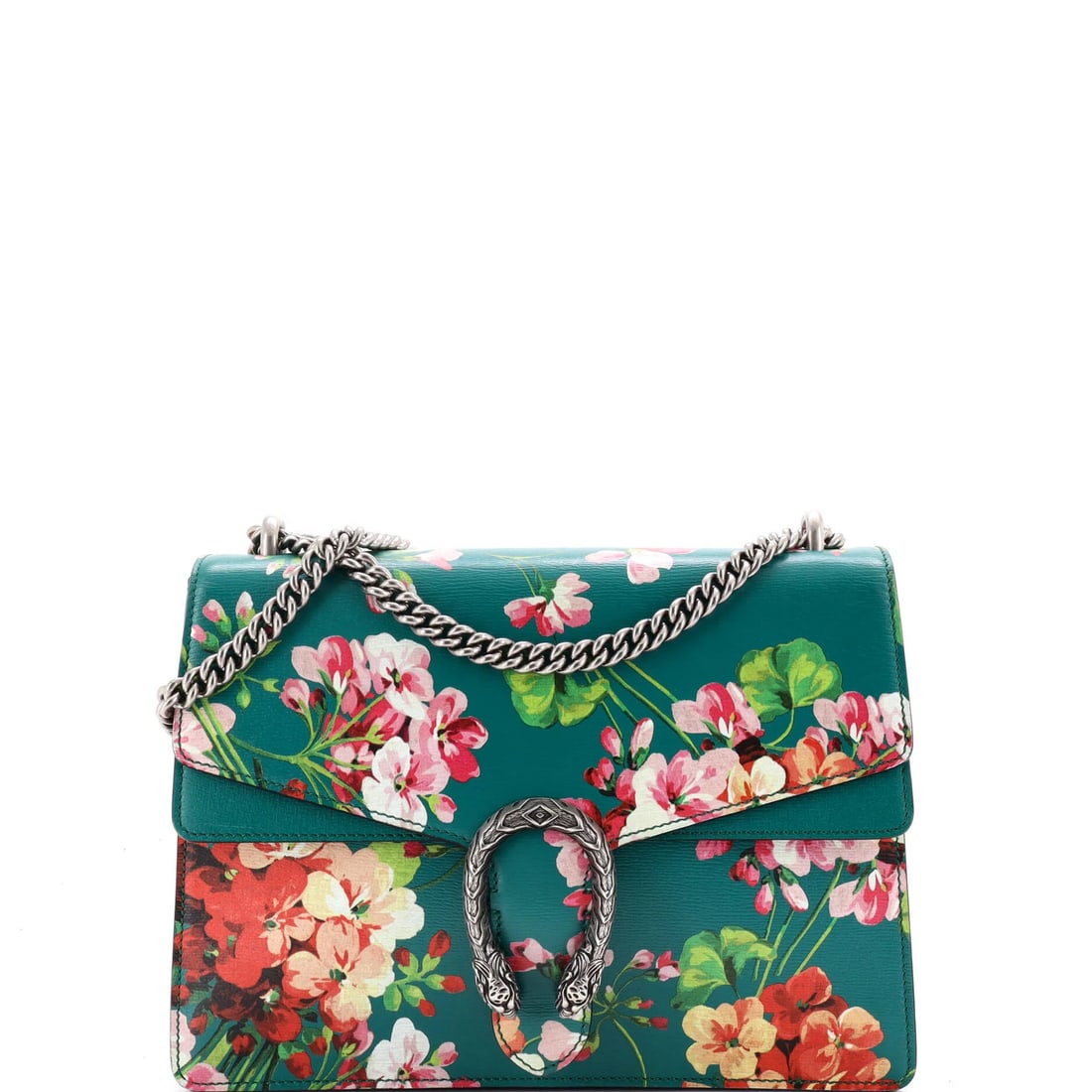 Print Leather Bag Blooms Medium Gucci Dionysus: Print Leather Bag Blooms Medium Gucci Dionysus The Gucci Dionysus Bag Blooms Print Leather Medium is a unique, medium-sized shoulder bag with a striking gold and green print exterior, adorned with a s
