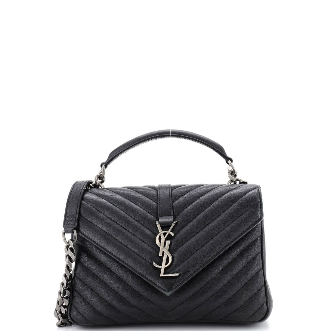 Monogram College Bag Leather Chevron Medium Matelasse Saint Laurent Classic: Monogram College Bag Leather Chevron Medium Matelasse Saint Laurent Classic The Saint Laurent Classic Monogram College Bag in black leather features a timeless design with a medium size and a stylish
