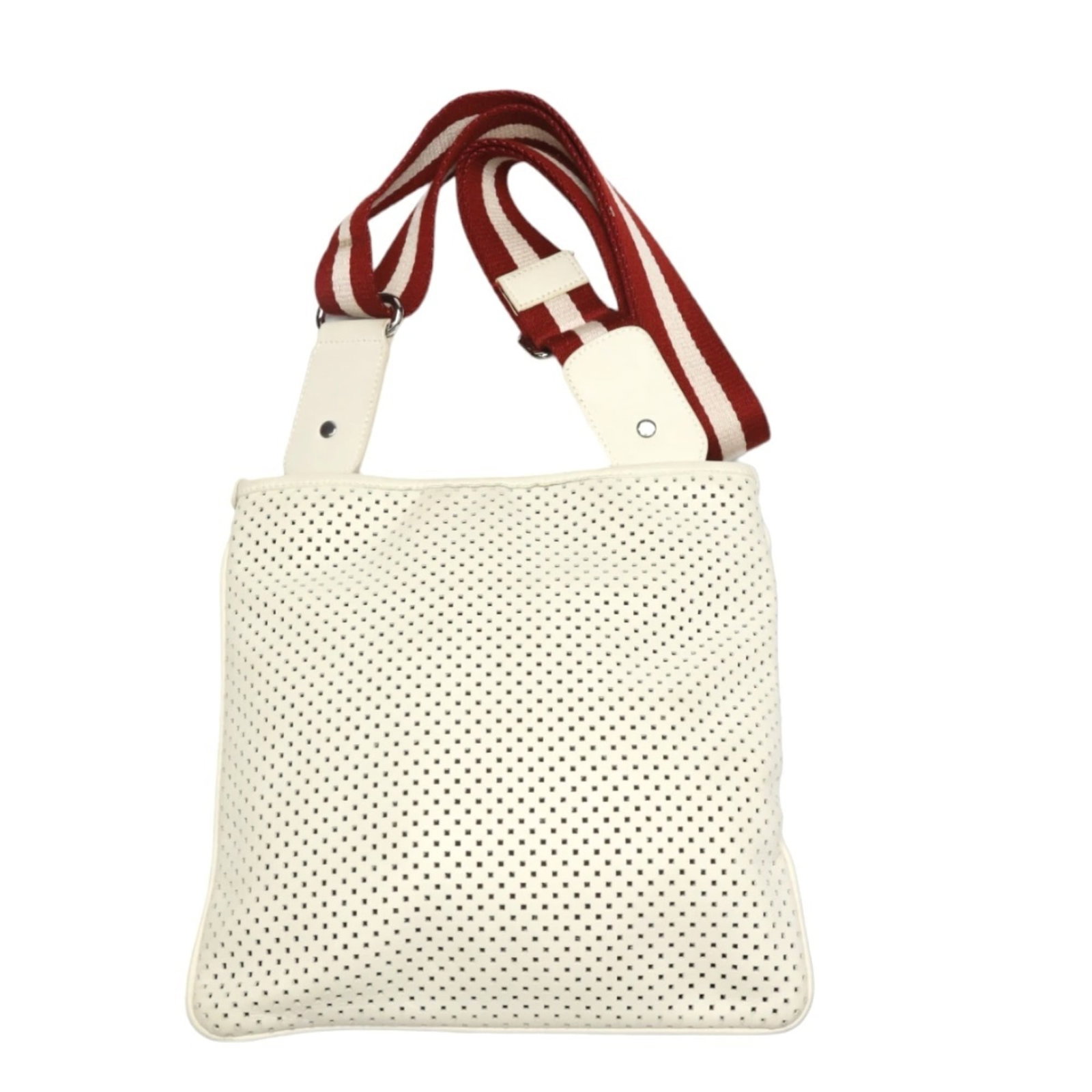 Bag Leather Bally Shoulder: Bag Leather Bally Shoulder This Bally leather shoulder bag features a crisp white color and a compact design, measuring 25cm x 25cm x 1cm. Made from punching leather, the bag's material is a notable