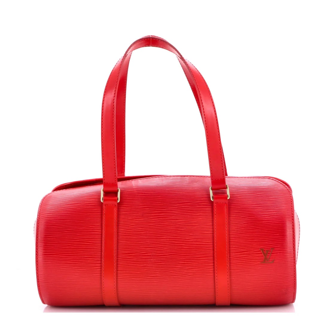 Handbag Epi Leather Louis Vuitton Soufflot: Handbag Epi Leather Louis Vuitton Soufflot The Louis Vuitton Soufflot Handbag Epi Leather in red features a striking bowler design with a classic Epi leather exterior. Measuring 7" in handle drop and 