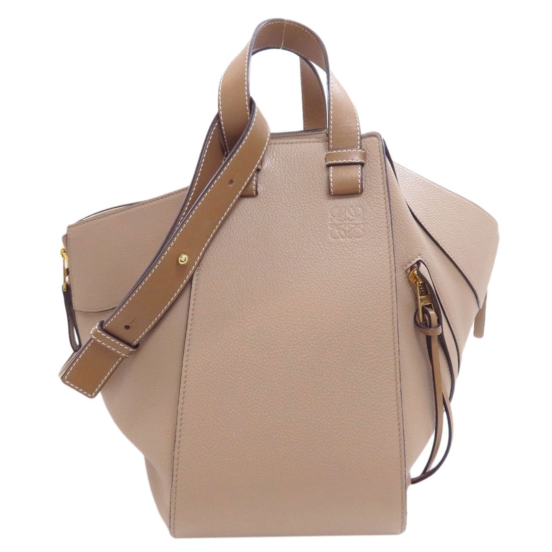 Calf Handbag 2Way Hammock Loewe: Calf Handbag 2Way Hammock Loewe Calf Handbag 2Way Hammock Loewe - A stylish beige handbag with a unique 2-way hammock design, featuring a calf exterior and a hook closure. Measuring 11.0 inches in