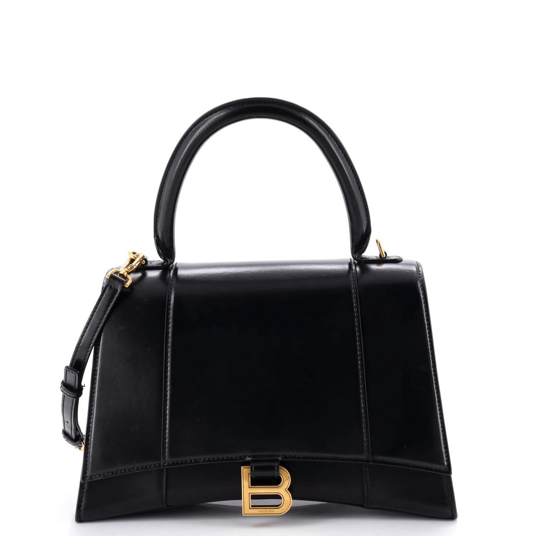Balenciaga Leather Top Medium Hourglass Handle Bag: Balenciaga Leather Top Medium Hourglass Handle Bag Balenciaga's medium-sized leather top handle bag boasts a sleek, hourglass silhouette and a timeless design that exudes sophistication. The bag's