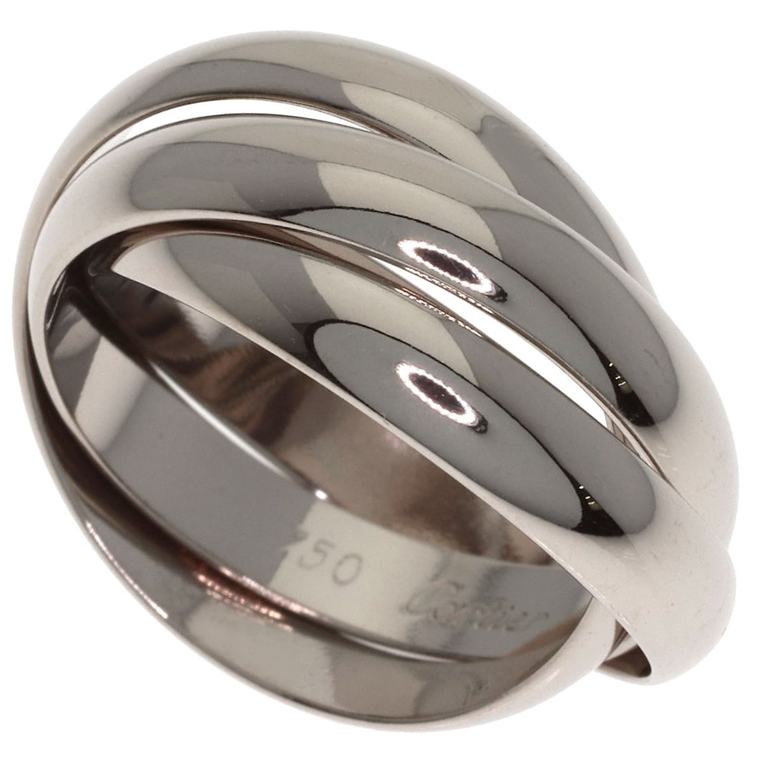 White Gold Trinity Ring K18 Cartier #50: White Gold Trinity Ring K18 Cartier #50 K18 White Gold Cartier Trinity Ring #50 is a striking silver-toned ring featuring a unique open design. Made from high-purity K18 gold, this elegant piece