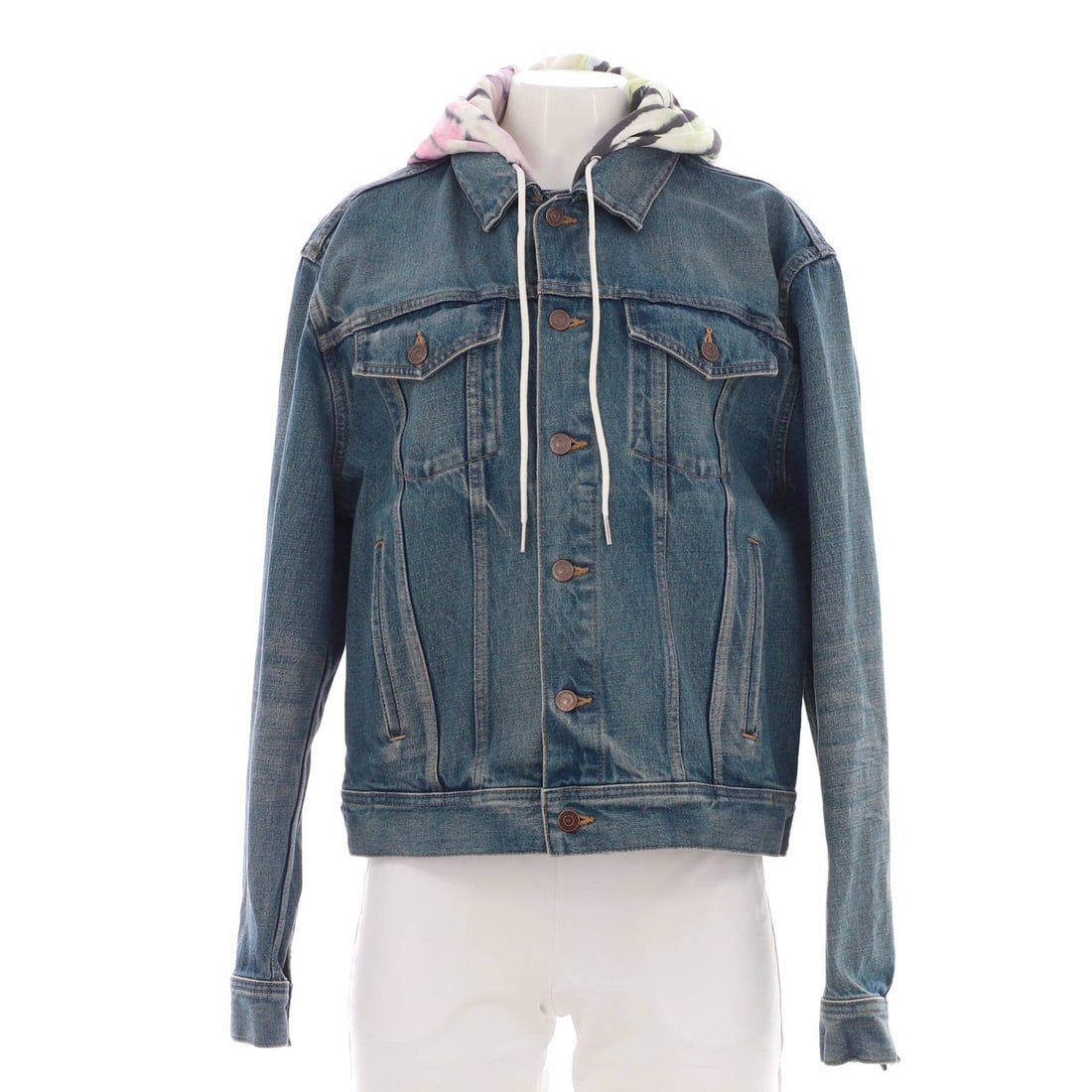 Hooded Trucker Jacket Cotton with Denim: Hooded Trucker Jacket Cotton with Denim Blue Hooded Trucker Jacket with Denim Cotton Exterior, featuring a mix of cotton and denim materials, and a unique multicolor design. The jacket has a classic