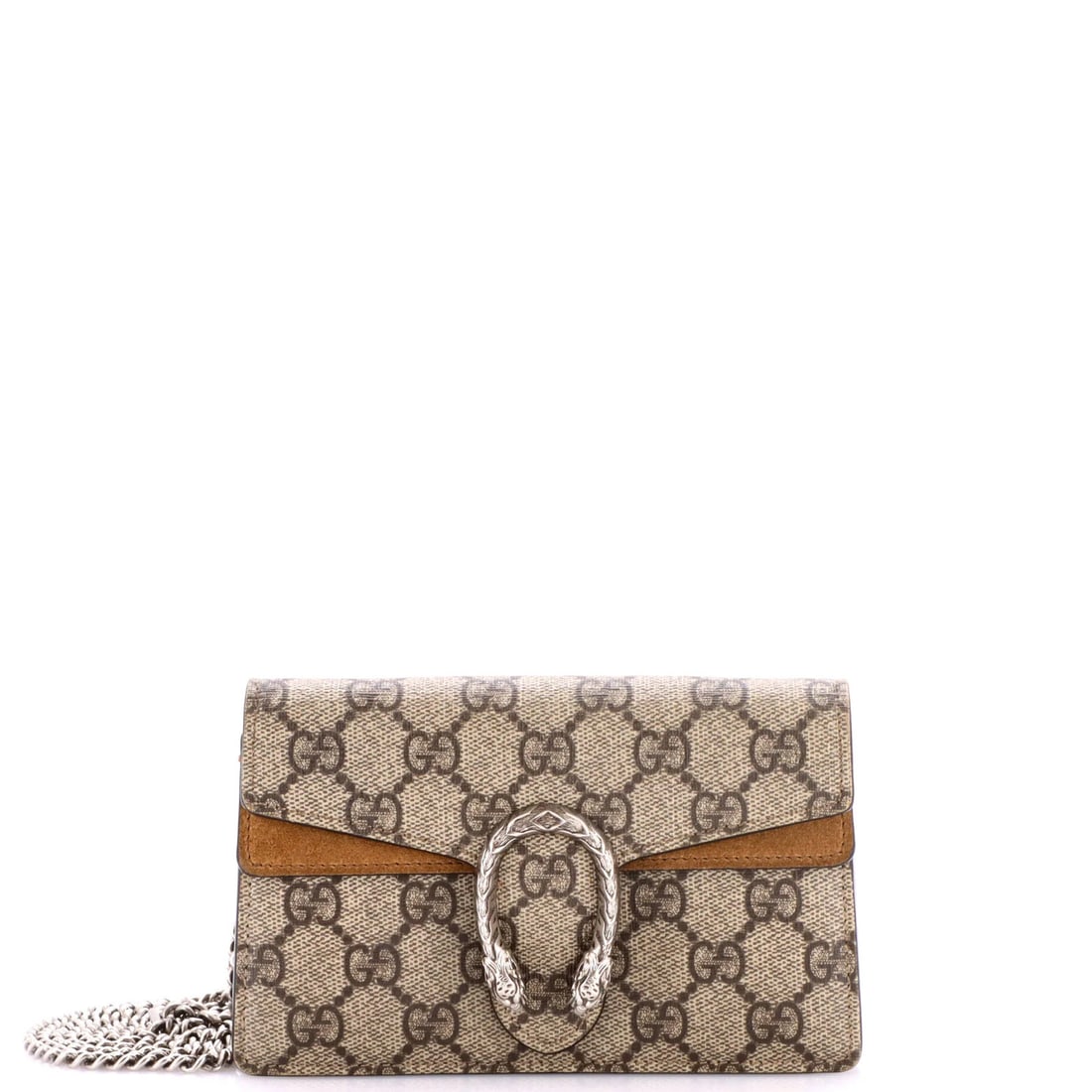 Coated Canvas GG Dionysus Super Mini Gucci Bag: Coated Canvas GG Dionysus Super Mini Gucci Bag Brown Coated Canvas GG Dionysus Super Mini Gucci Bag with Silver Hardware, featuring a neutral microfiber interior and a classic cross-body design, measu
