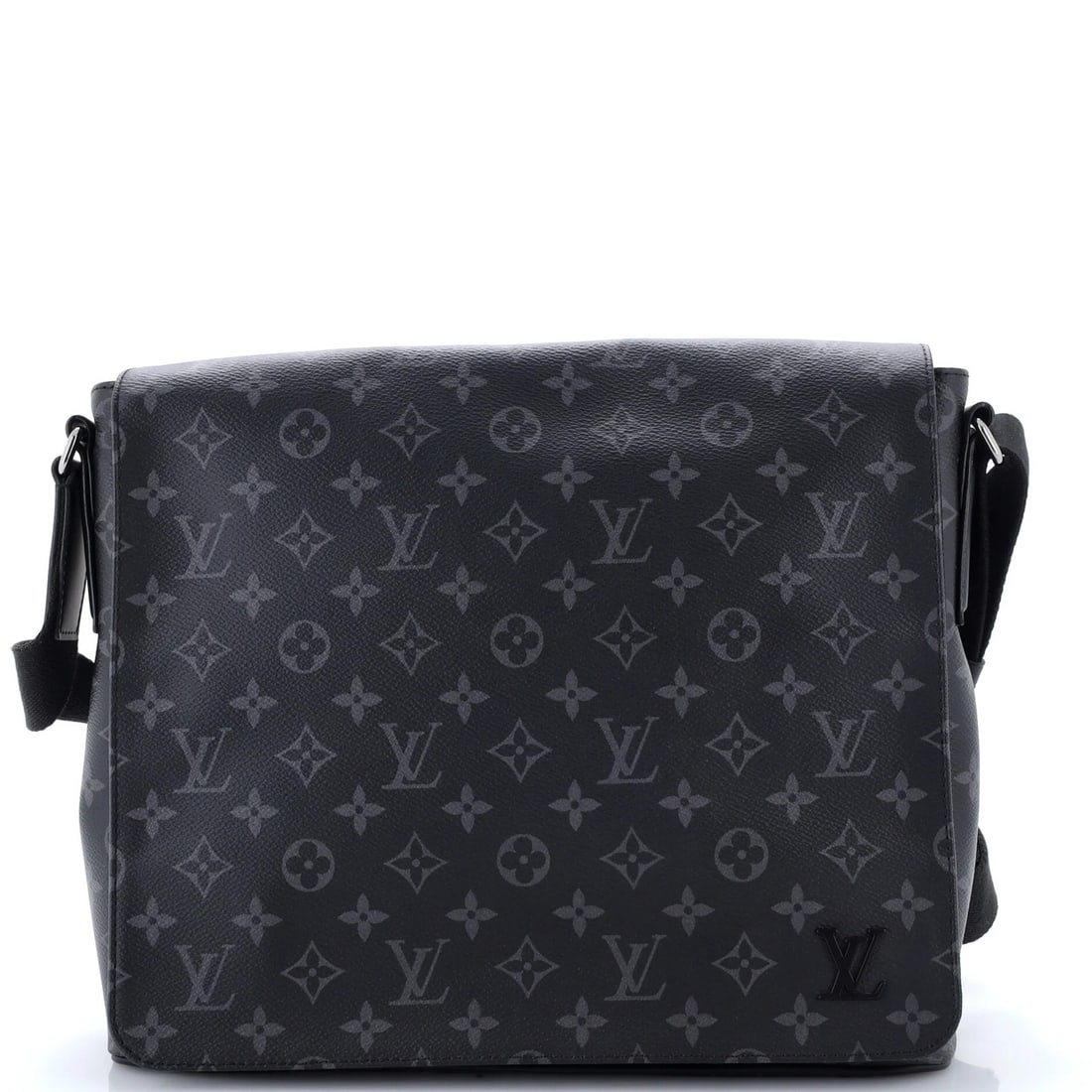 Messenger Bag Louis Vuitton Monogram Eclipse Canvas: Messenger Bag Louis Vuitton Monogram Eclipse Canvas Black canvas messenger bag with a classic Louis Vuitton monogram Eclipse design, featuring silver and black hardware. The bag measures 11" tall,