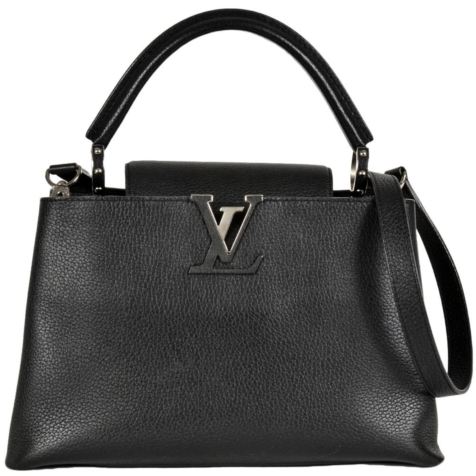 Handbag Leather Louis Vuitton: Handbag Leather Louis Vuitton Black, Noir Louis Vuitton handbag made from high-quality leather, featuring a classic design and sleek silhouette. This stylish accessory comes with a dust bag and
