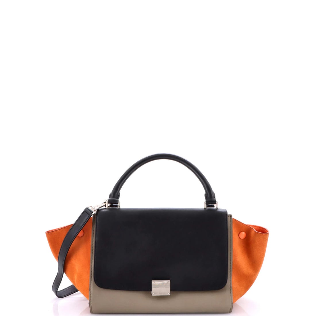 Trapeze Bag Small Leather Celine Tricolor: Trapeze Bag Small Leather Celine Tricolor The Celine Tricolor Trapeze Bag Small Leather is a statement piece, boasting a striking tricolor design in black, gray, and orange. Made from high-quality