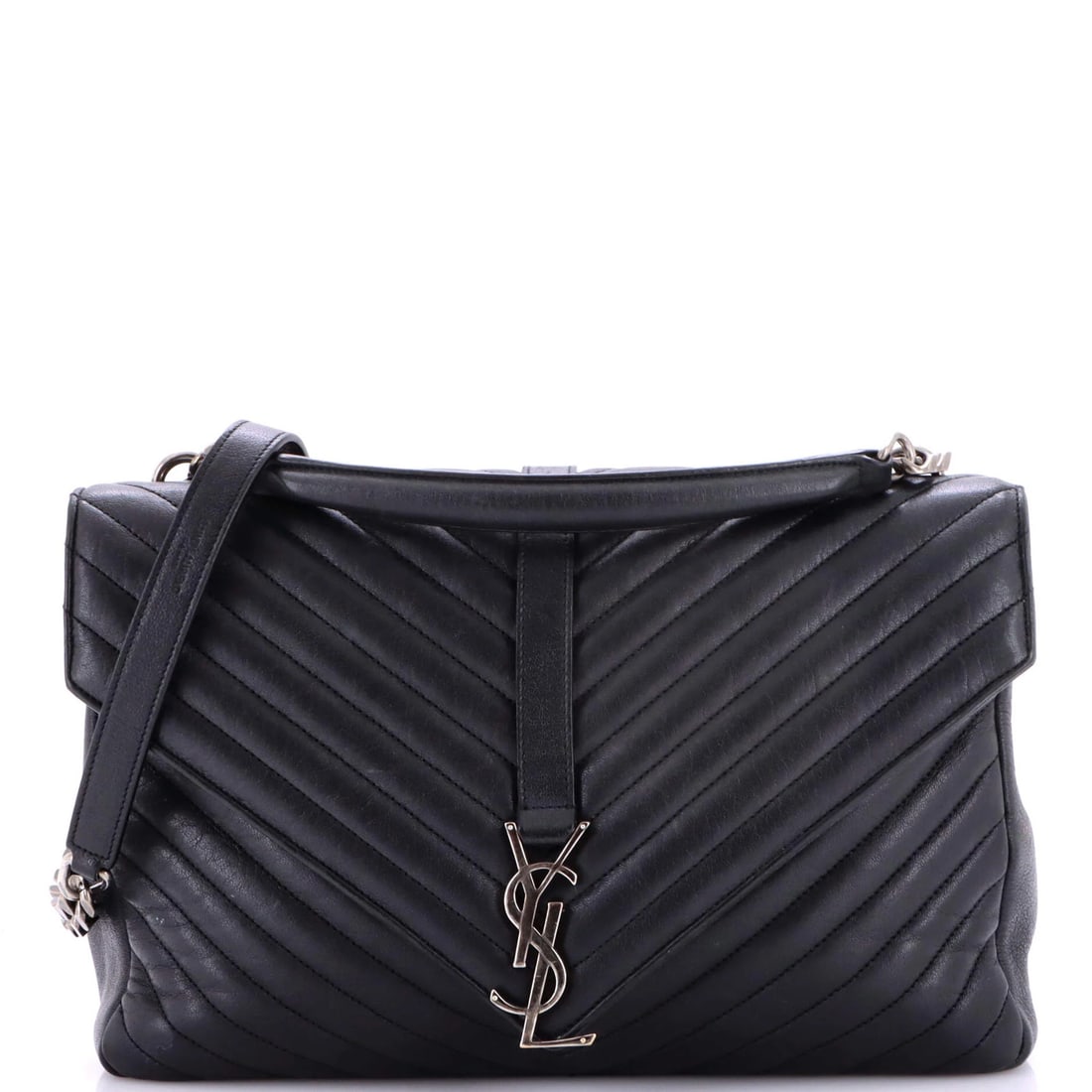 Classic Monogram Saint Laurent College Leather Large Matelasse Bag Chevron: Classic Monogram Saint Laurent College Leather Large Matelasse Bag Chevron Classic Monogram Saint Laurent College Leather Large Matelasse Bag Chevron in black leather with a spacious interior and