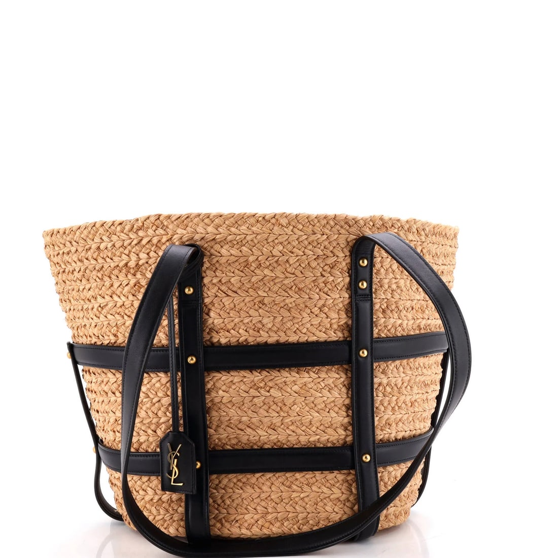 Caged Basket Tote Saint Raffia Leather: Caged Basket Tote Saint Raffia Leather The Saint Raffia Leather Caged Basket Tote boasts a unique blend of textures and colors, with its neutral exterior and black raffia interior adding depth to its 