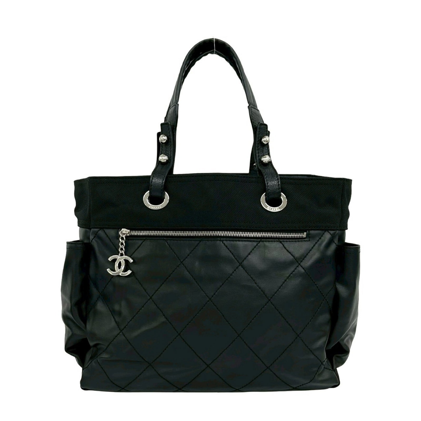 Canvas Leather Bag Tote Chanel: Canvas Leather Bag Tote Chanel Canvas Leather Bag Tote Chanel - A sleek and sophisticated black canvas leather tote bag, bearing a signature, with clean lines and classic design, measuring 32cm x