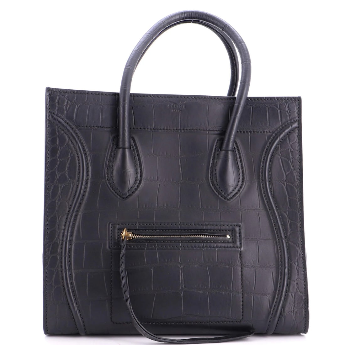 Crocodile Leather Embossed Medium Celine Phantom Bag: Crocodile Leather Embossed Medium Celine Phantom Bag Black crocodile embossed leather medium Celine Phantom Bag with a sleek design and classic style. This bag features a medium size with a 3.5"