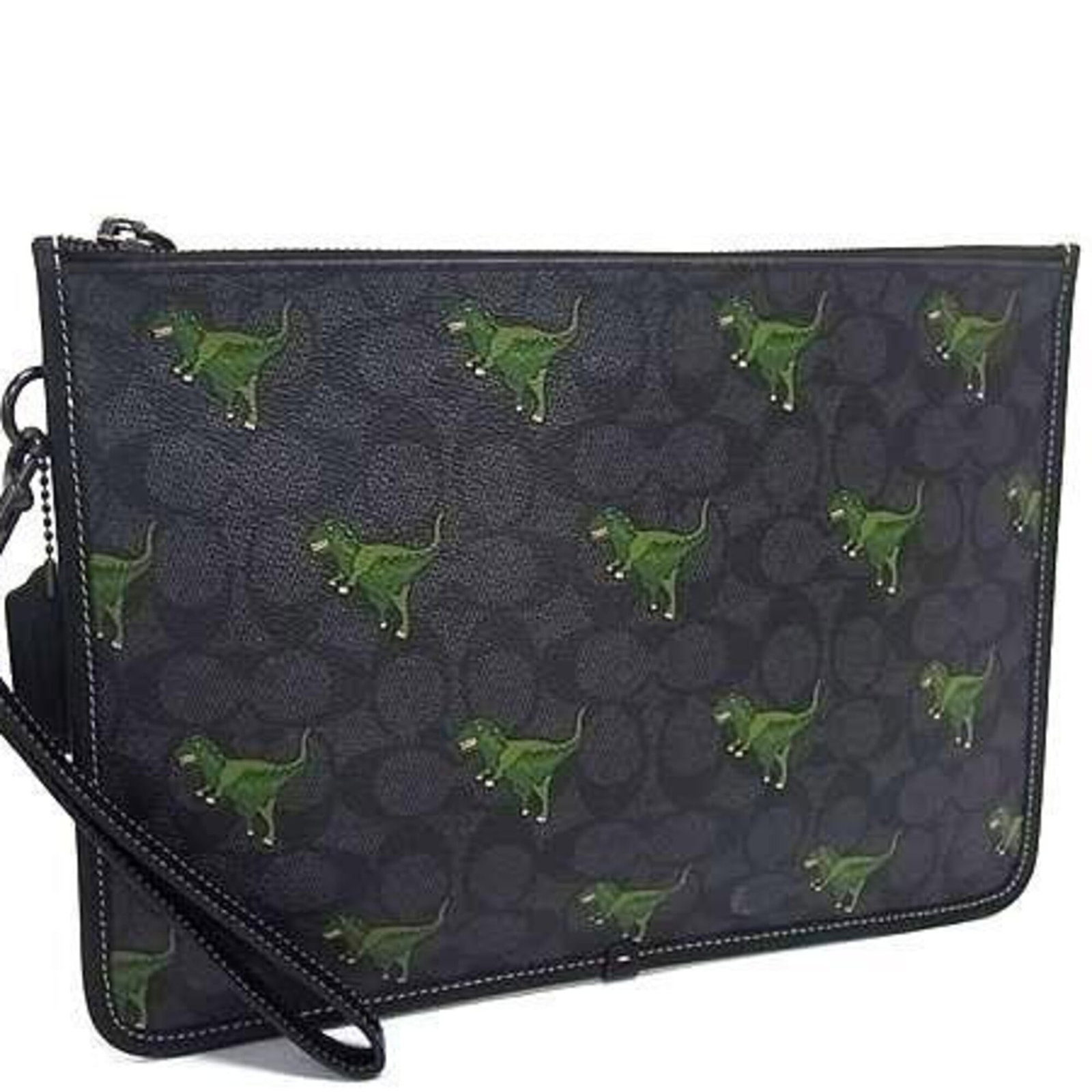 Pvc Leather Coach Pouch: Pvc Leather Coach Pouch This Coach Line Pvc Leather Coach Pouch features a striking black color and a zipper closure. Made from a unique combination of PVC and leather, its 21cm x 30cm x 1.5cm size