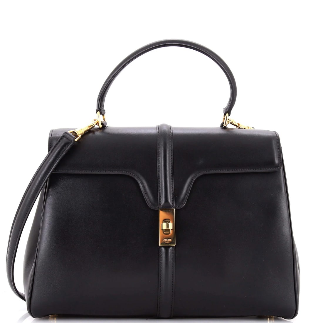 Smooth Medium Calfskin Top 16 Handle Bag Celine: Smooth Medium Calfskin Top 16 Handle Bag Celine Smooth Calfskin Top 16 Handle Bag Celine in Black. This medium-sized bag features a sleek top handle and 16 handles, perfect for everyday use. With its