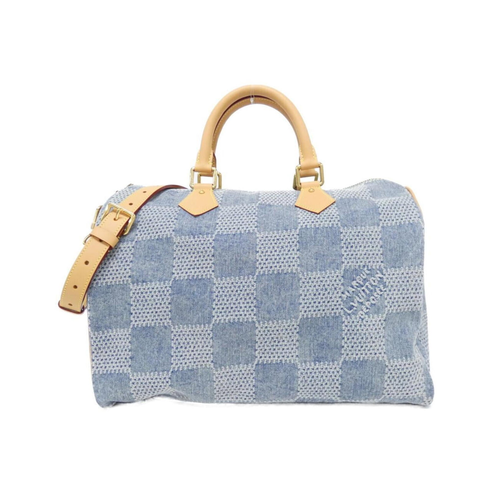 Louis Vuitton Cotton Canvas Leather: Louis Vuitton Cotton Canvas Leather Cotton canvas and calf leather come together in this unique Louis Vuitton handbag, with a striking blue color and gold hardware. The bag measures 26cm x 40cm x 23cm