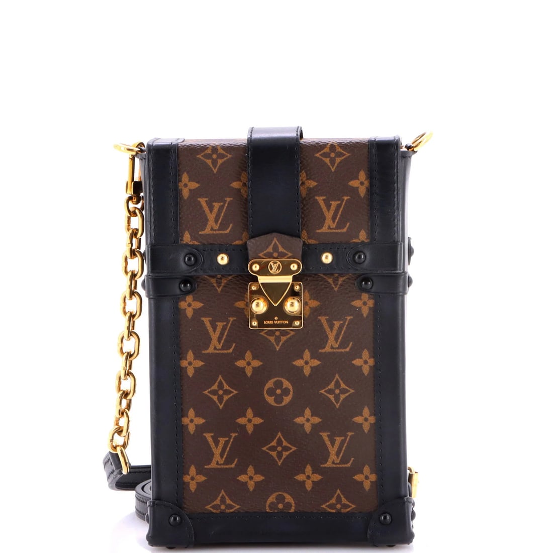 Monogram Canvas Louis Vuitton Pochette Trunk Vertical: Monogram Canvas Louis Vuitton Pochette Trunk Vertical Black canvas coated Louis Vuitton pochette trunk vertical with gold hardware, featuring a neutral leather interior and a signature on the exterior