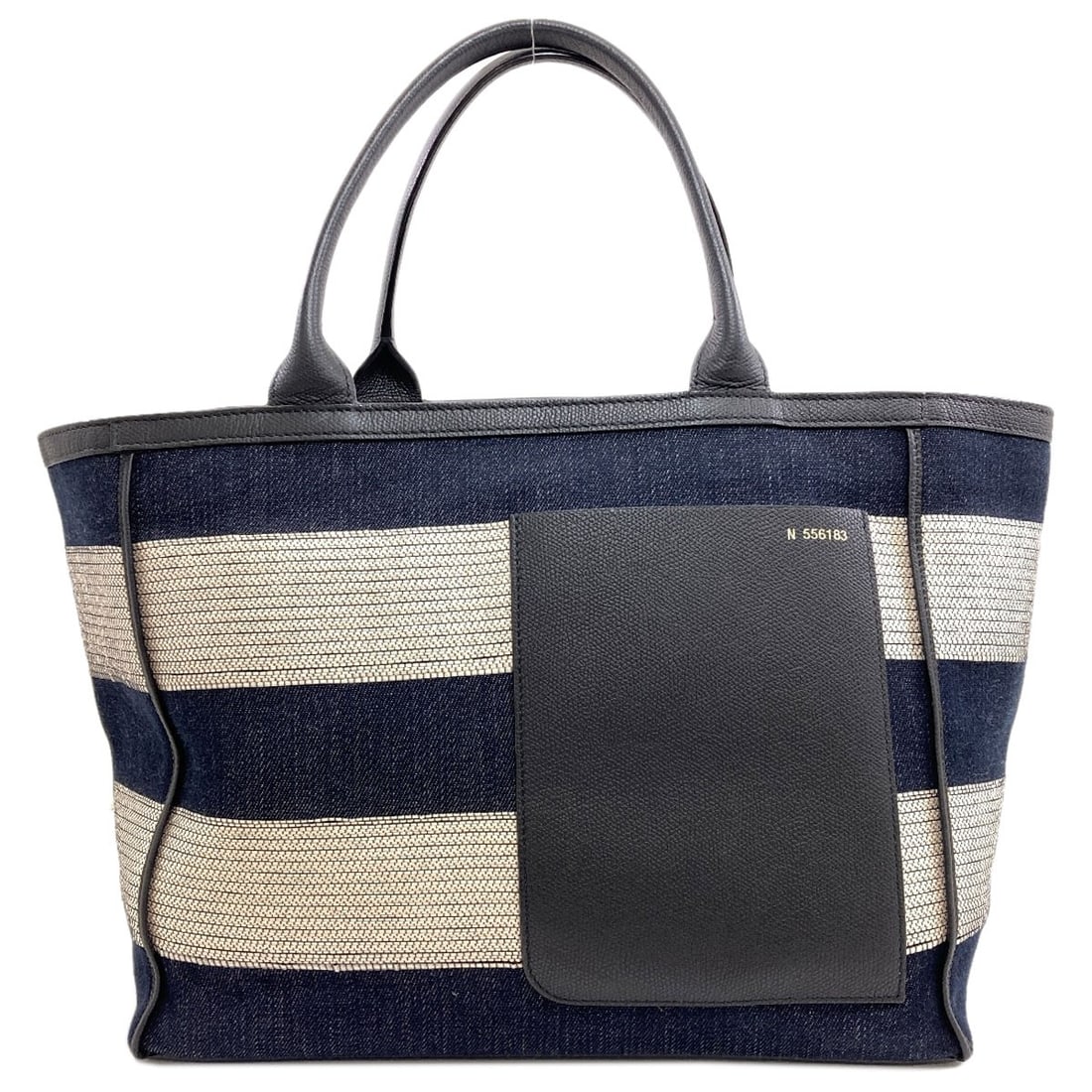 Canvas Tote Border Valextra Pattern: Canvas Tote Border Valextra Pattern Navy canvas tote bag with a striking Border Valextra pattern, measuring 9.8 inches in height and 6.7 inches in depth. The open closure and 12.6-18.1 inch width