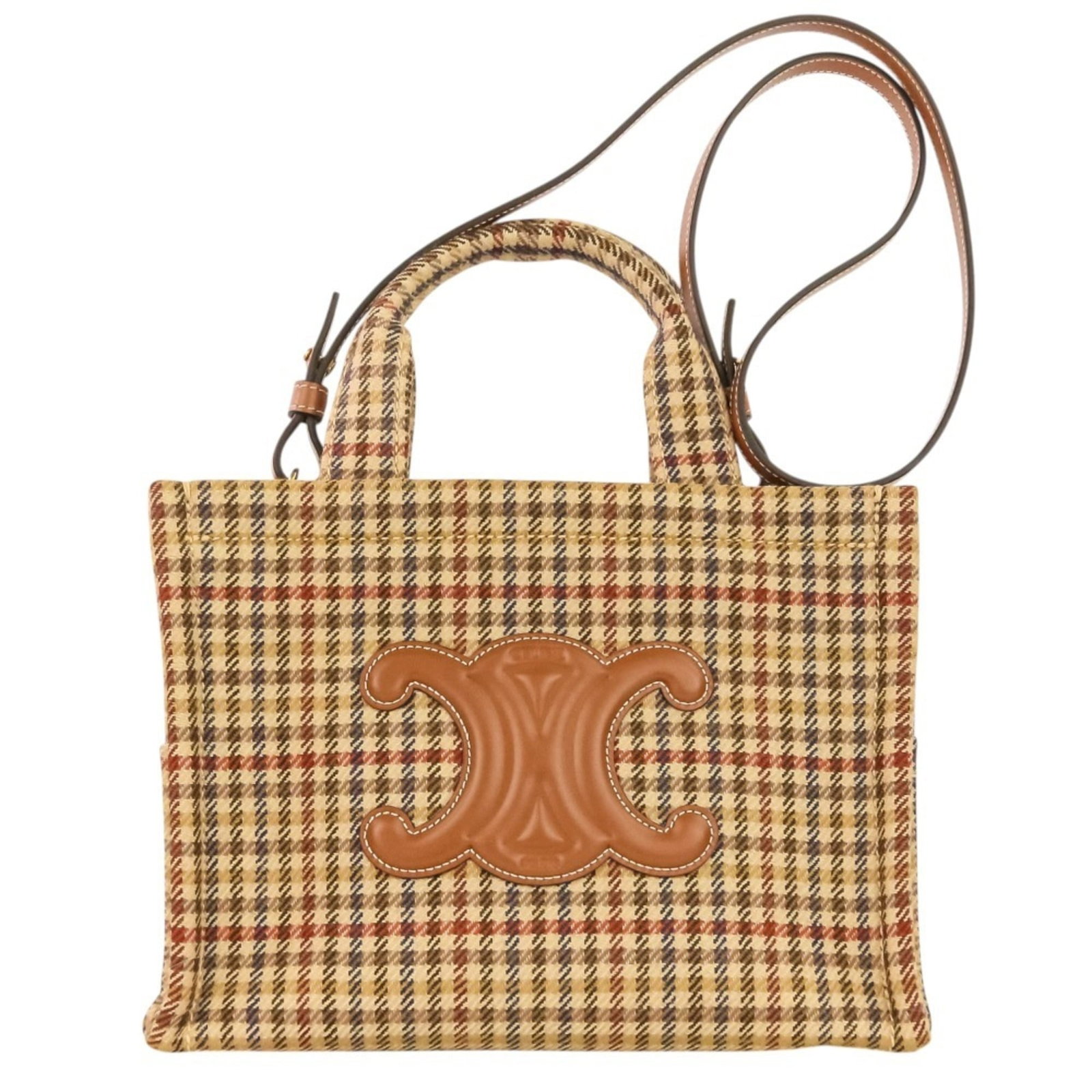 Tweed Shoulder Bag Handbag Celine: Tweed Shoulder Bag Handbag Celine Celine's Tweed Shoulder Bag boasts a classic design with a rich, earthy tone, featuring a sturdy beige and brown tweed material. The bag's compact size, measuring