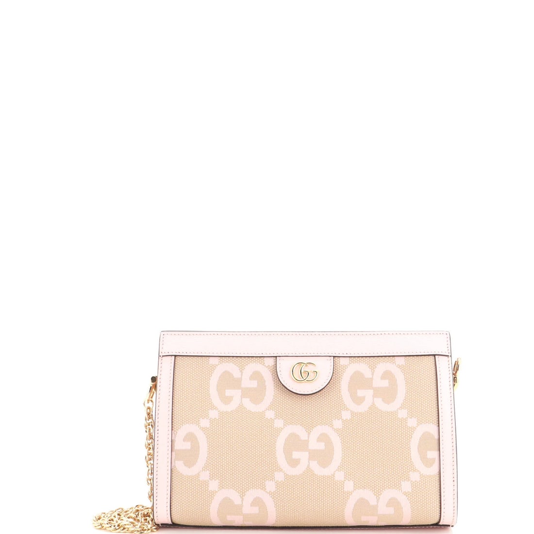 Jumbo GG Canvas with Leather Small Ophidia Chain Bag Shoulder Gucci: Jumbo GG Canvas with Leather Small Ophidia Chain Bag Shoulder Gucci The Gucci Ophidia Chain Shoulder Bag features a striking pink exterior made from jumbo GG Canvas and adorned with a small leather