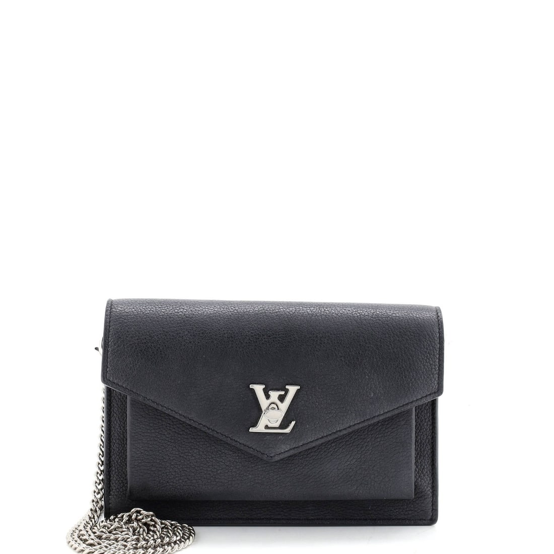 Mylockme Leather Pochette Louis Vuitton: Mylockme Leather Pochette Louis Vuitton Black Louis Vuitton Mylockme Chain Pochette Leather Clutch with Silver Hardware, featuring a classic design with a chain strap and microfiber interior, showing 