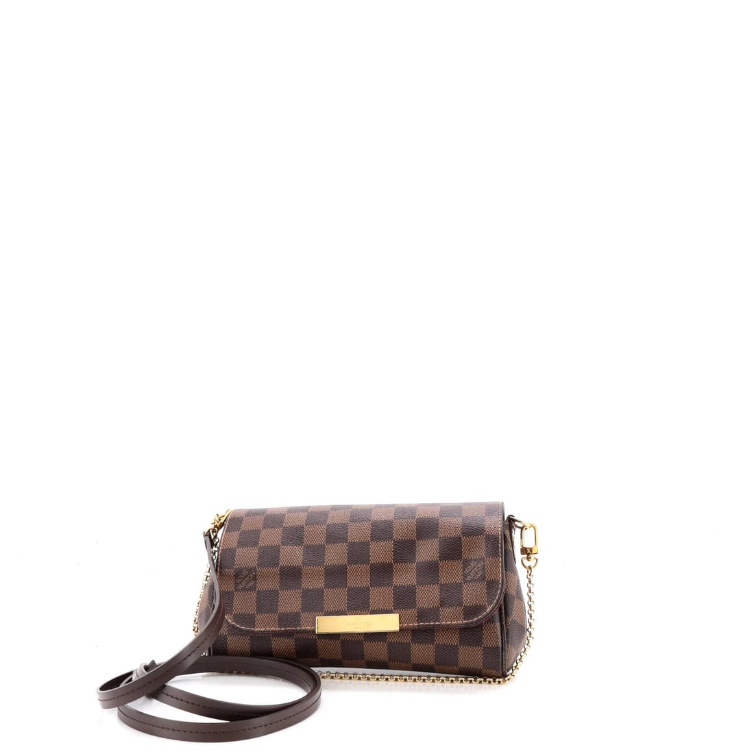 Vuitton Louis Favorite Handbag Damier PM: Vuitton Louis Favorite Handbag Damier PM The Vuitton Louis Favorite Handbag Damier PM boasts a classic Damier PM canvas design in rich brown, complemented by a sturdy gold-toned strap. With its signat