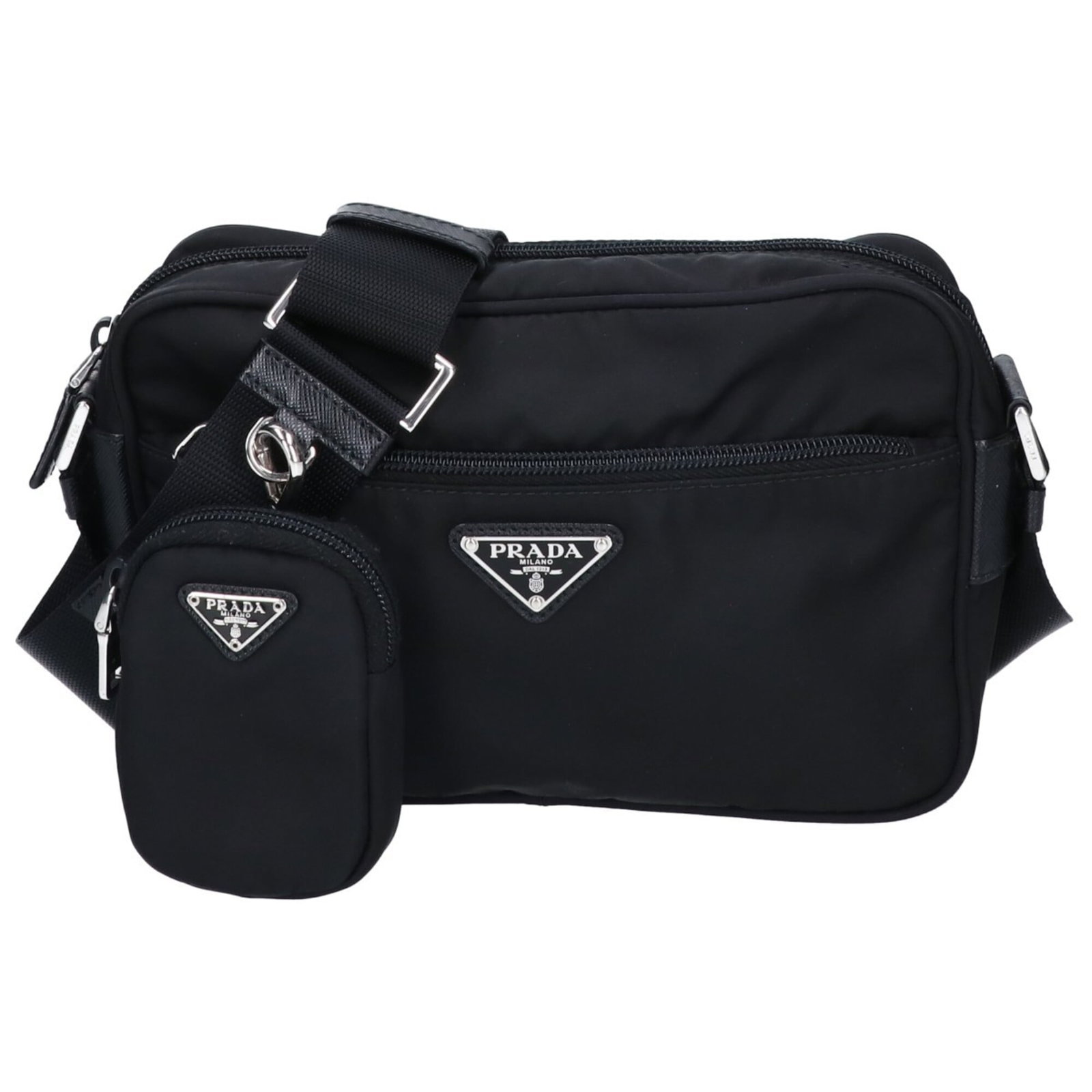 Shoulder Bag Nylon: Shoulder Bag Nylon Prada's Shoulder Bag Nylon is a sleek and modern accessory, crafted from durable nylon material and featuring silver hardware for a touch of sophistication. Measuring 15cm x 23cm x