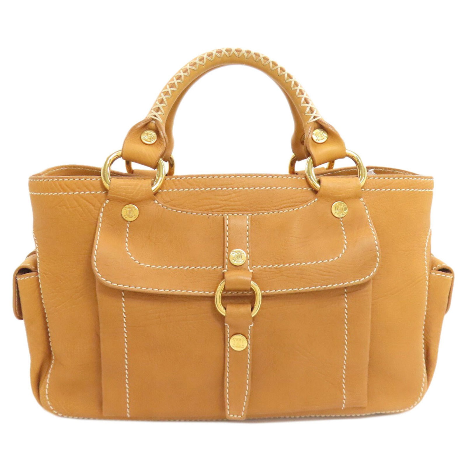 Celine Handbag Leather: Celine Handbag Leather Camel-colored Celine handbag made from high-quality leather, featuring a zipper pocket and open pocket, with a sturdy 30cm handle. The bag measures 21cm x 33cm x 14cm and is