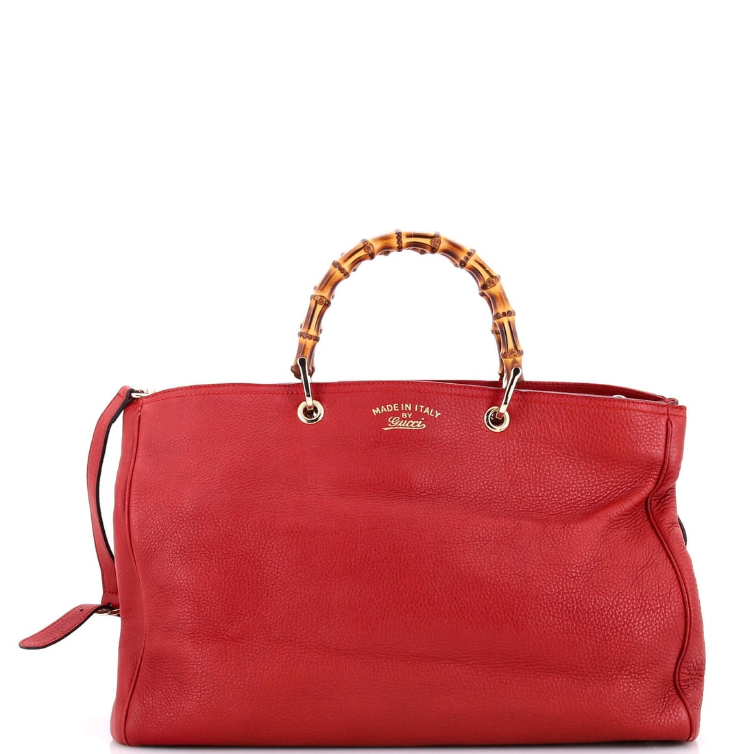 Gucci Tote Leather Large Shopper Bamboo: Gucci Tote Leather Large Shopper Bamboo Red Gucci Bamboo Shopper Tote Leather Large features a striking exterior with scuffs, creases, and corner wear, adding a touch of worn elegance. The interior