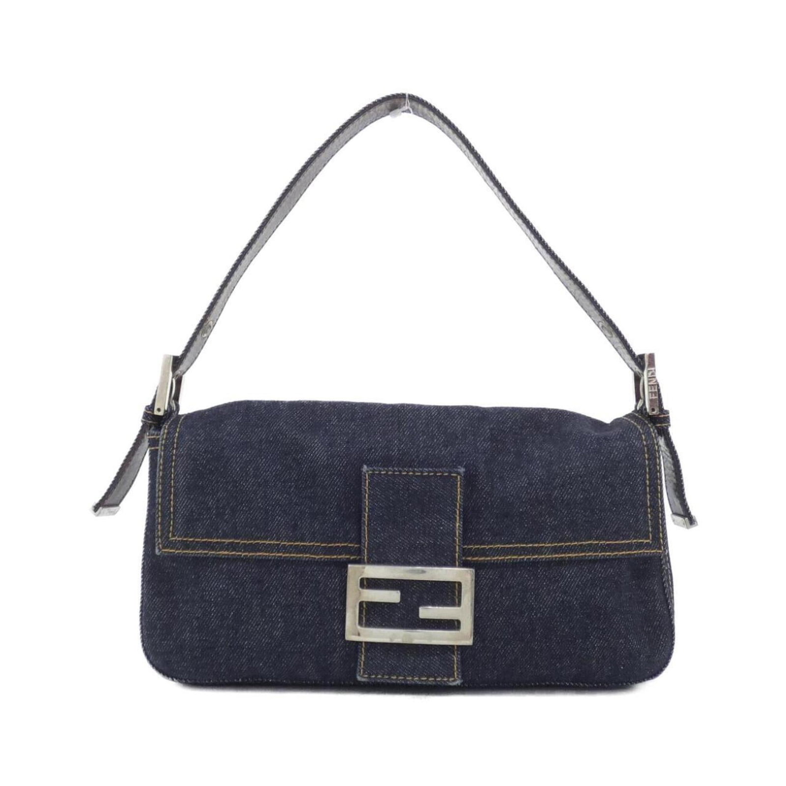 Shoulder Bag Denim Fendi: Shoulder Bag Denim Fendi Navy denim shoulder bag with silver hardware, measuring 15cm x 25cm x 4cm, weighing 280g. Features adjustable strap length of 36cm - 46cm. Denim Fendi Baguette style bag.
