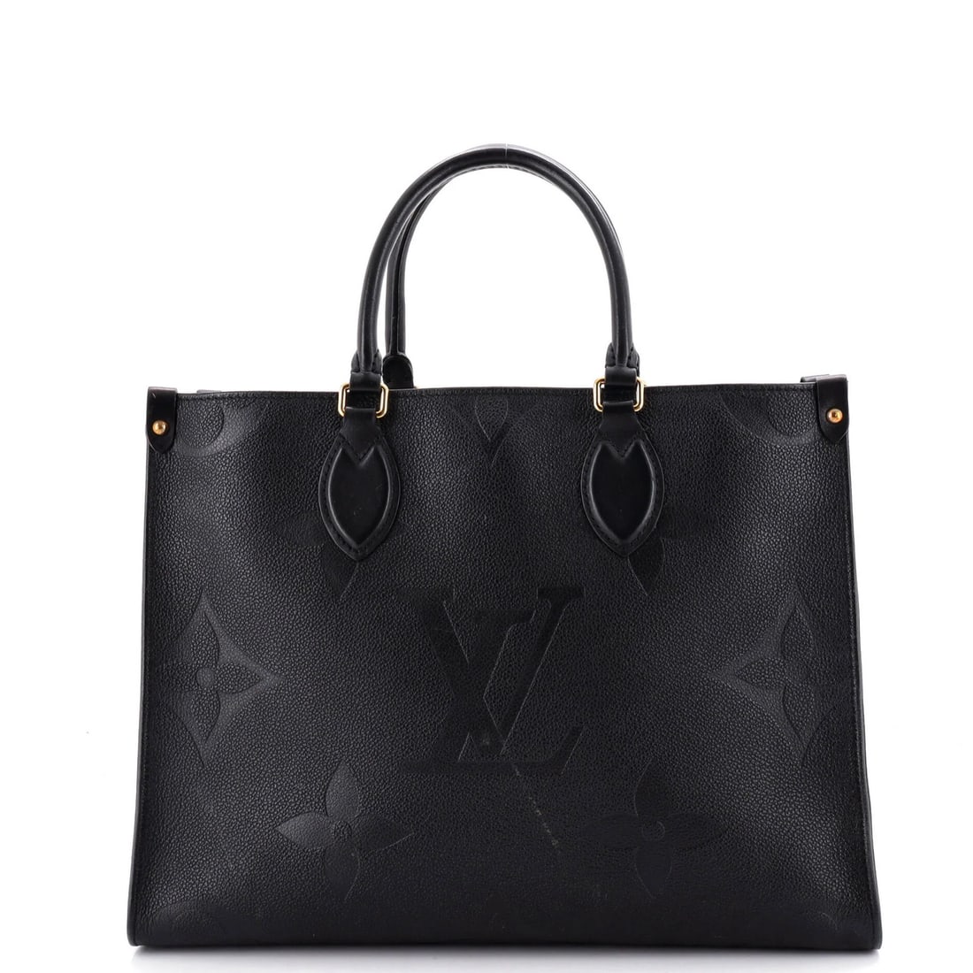 OnTheGo Giant Monogram Empreinte Louis Vuitton Tote MM: OnTheGo Giant Monogram Empreinte Louis Vuitton Tote MM Black OnTheGo Giant Monogram Empreinte Louis Vuitton Tote MM features a classic design with heavy edge wear, scuffs, stains, and discoloration