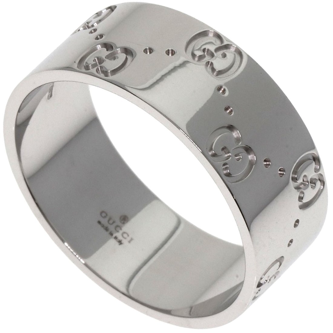 Icon Gucci Ring White Gold K18 Wide Gg #27: Icon Gucci Ring White Gold K18 Wide Gg #27 K18 White Gold Ring #27 from GUCCI boasts a sleek, silver metal exterior and a signature from the brand. This wide band ring features a unique design