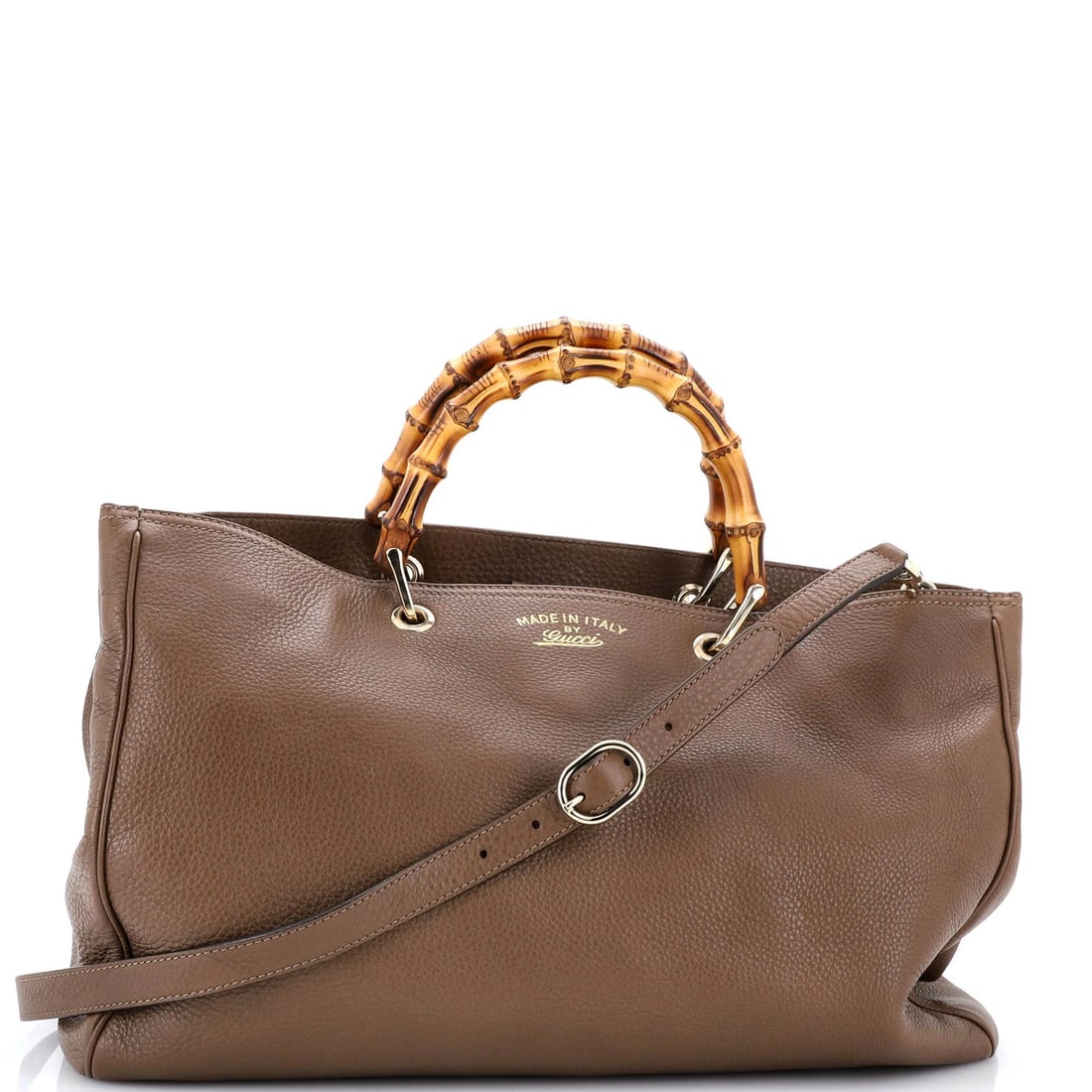 Gucci Tote Leather Large Shopper Bamboo: Gucci Tote Leather Large Shopper Bamboo Brown Gucci Tote Leather Large Shopper Bamboo with Gold Tone Hardware, featuring a neutral interior and minor scuffs, measures 12" high, 15.5" wide, and 6" deep