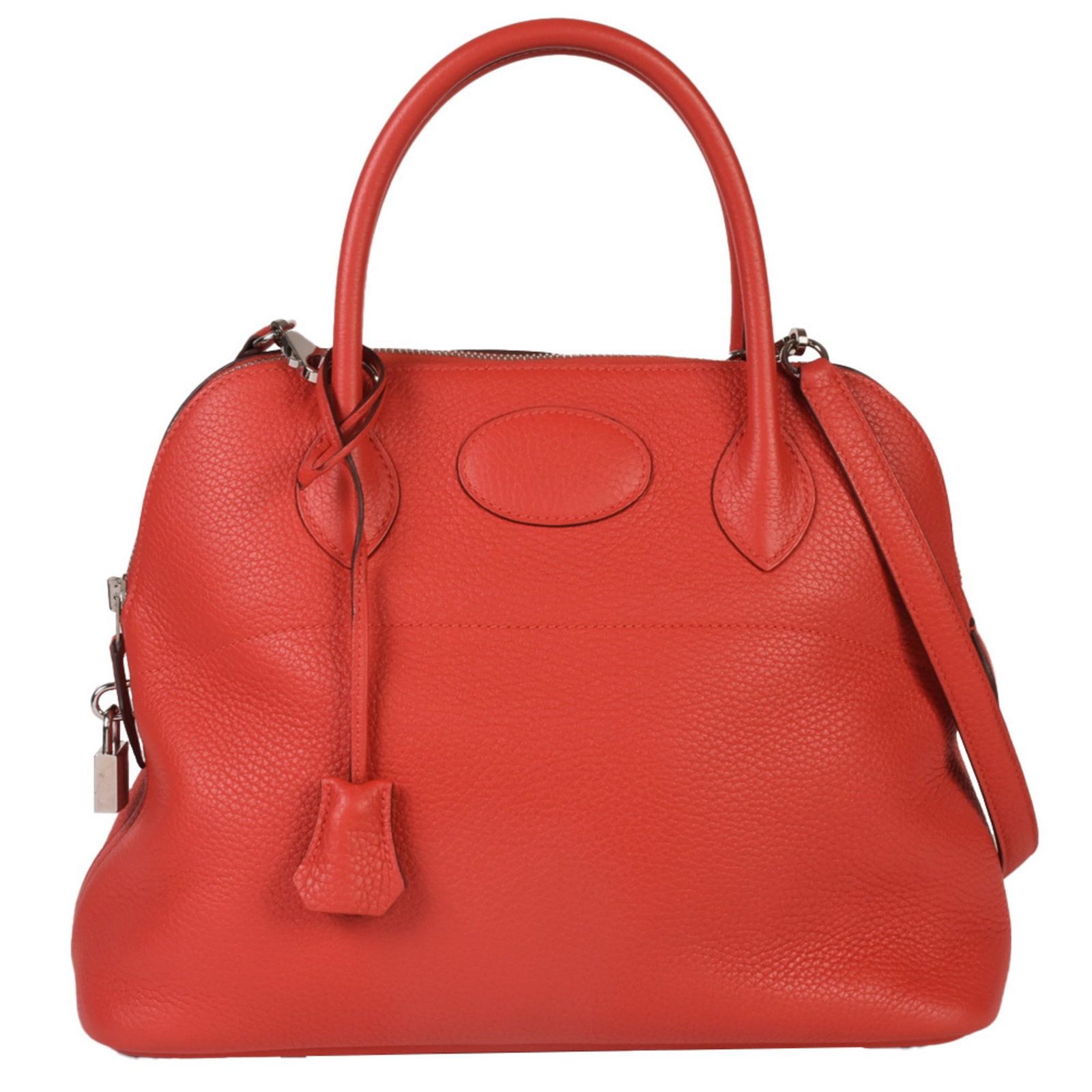 Clemence Leather Handbag Taurillon Hermes: Clemence Leather Handbag Taurillon Hermes Taurillon Clemence leather handbag with a bold red color, featuring a unique 2-way closure and open pocket. This Herm?s Bolide 31 handbag boasts a striking de