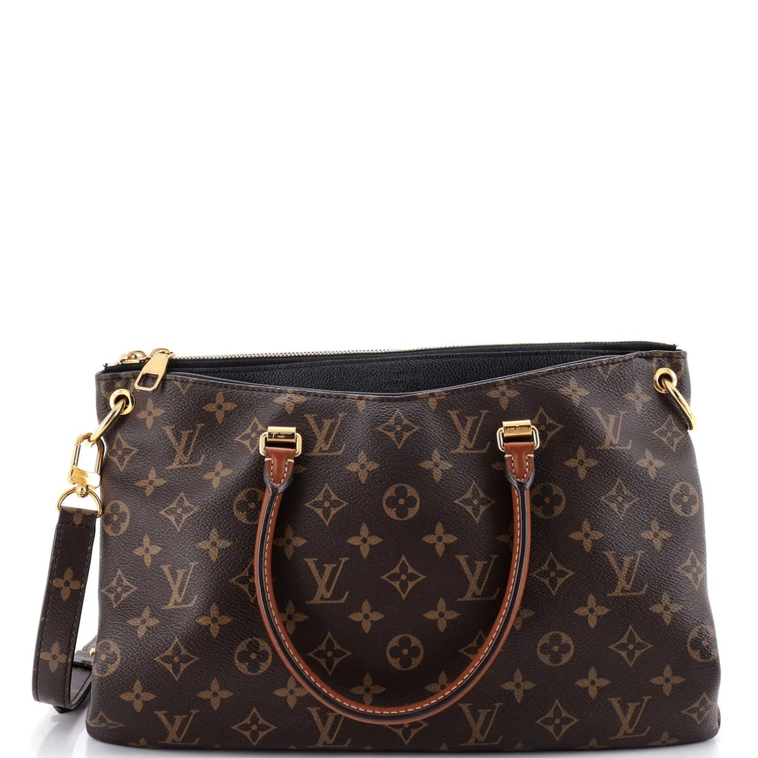 Tote Monogram Canvas with Leather Louis Vuitton: Tote Monogram Canvas with Leather Louis Vuitton Tote Monogram Canvas with Leather Louis Vuitton features a classic Pallas design with a brown canvas exterior and leather accents. The bag boasts a