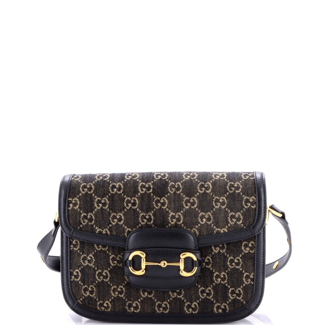 Gucci Horsebit Bag Denim Small 1955 Shoulder: Gucci Horsebit Bag Denim Small 1955 Shoulder Denim small shoulder bag with iconic Horsebit 1955 design, featuring black exterior and neutral interior, and gold hardware. This excellent condition bag