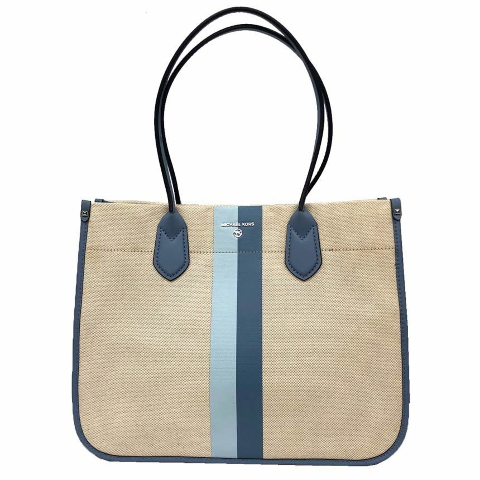 Canvas Leather Michael Kors Bag Tote: Canvas Leather Michael Kors Bag Tote Canvas Leather Michael Kors Bag Tote. This beige and blue canvas leather tote bag features a classic design with a 31cm x 39cm x 14cm size. The bag's canvas and