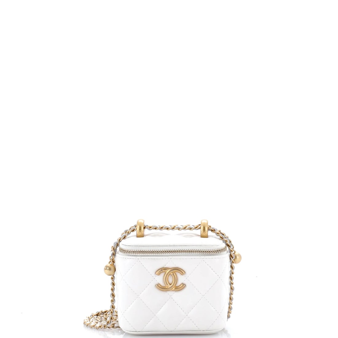 Chanel Quilted Calfskin Mini Perfect Fit Vanity Chain Case: Chanel Quilted Calfskin Mini Perfect Fit Vanity Chain Case White quilted calfskin mini perfect fit vanity chain case from Chanel, featuring a classic design with chain details. This compact clutch