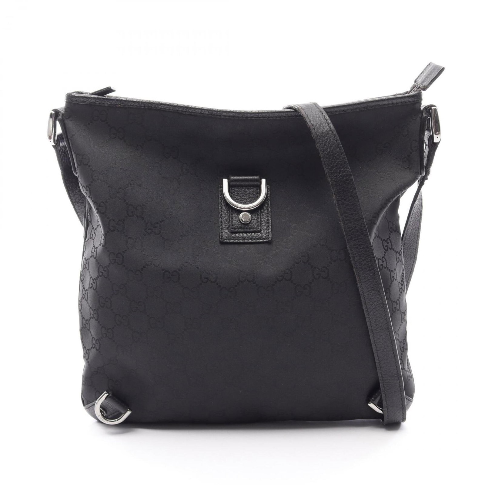 Nylon Leather Bag Shoulder Gucci: Nylon Leather Bag Shoulder Gucci Nylon Leather Bag Shoulder Gucci is made from a combination of nylon and leather, with a black color. It measures 30cm x 30cm x 5cm and features a signature. This bag 