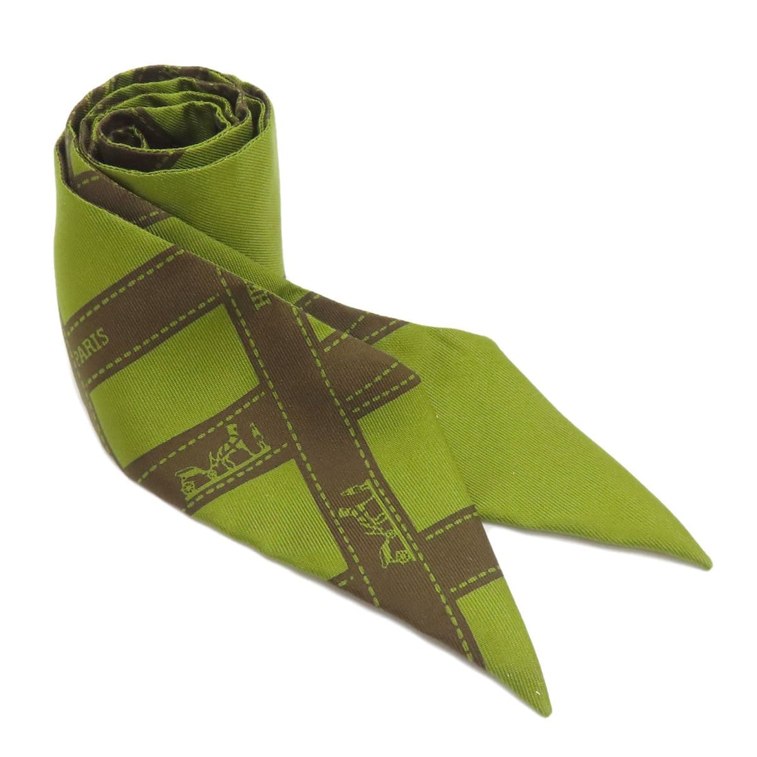 Hermes Silk Twilly Scarf: Hermes Silk Twilly Scarf Silk Twilly Scarf in vibrant green, a classic style from the renowned French fashion house Hermes. Made from high-quality silk, this scarf features a timeless design that adds