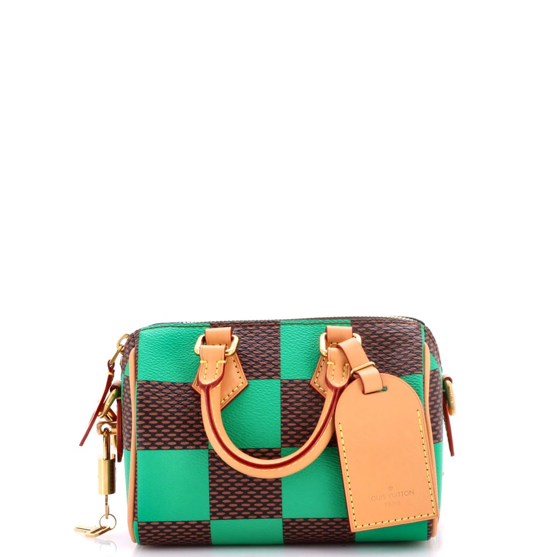 Louis Vuitton Speedy 18 Damier Pop Bandouliere Bag: Louis Vuitton Speedy 18 Damier Pop Bandouliere Bag The Louis Vuitton Speedy 18 Damier Pop Bandouliere Bag boasts a striking green exterior, perfectly complemented by its canvas-coated leather and gold