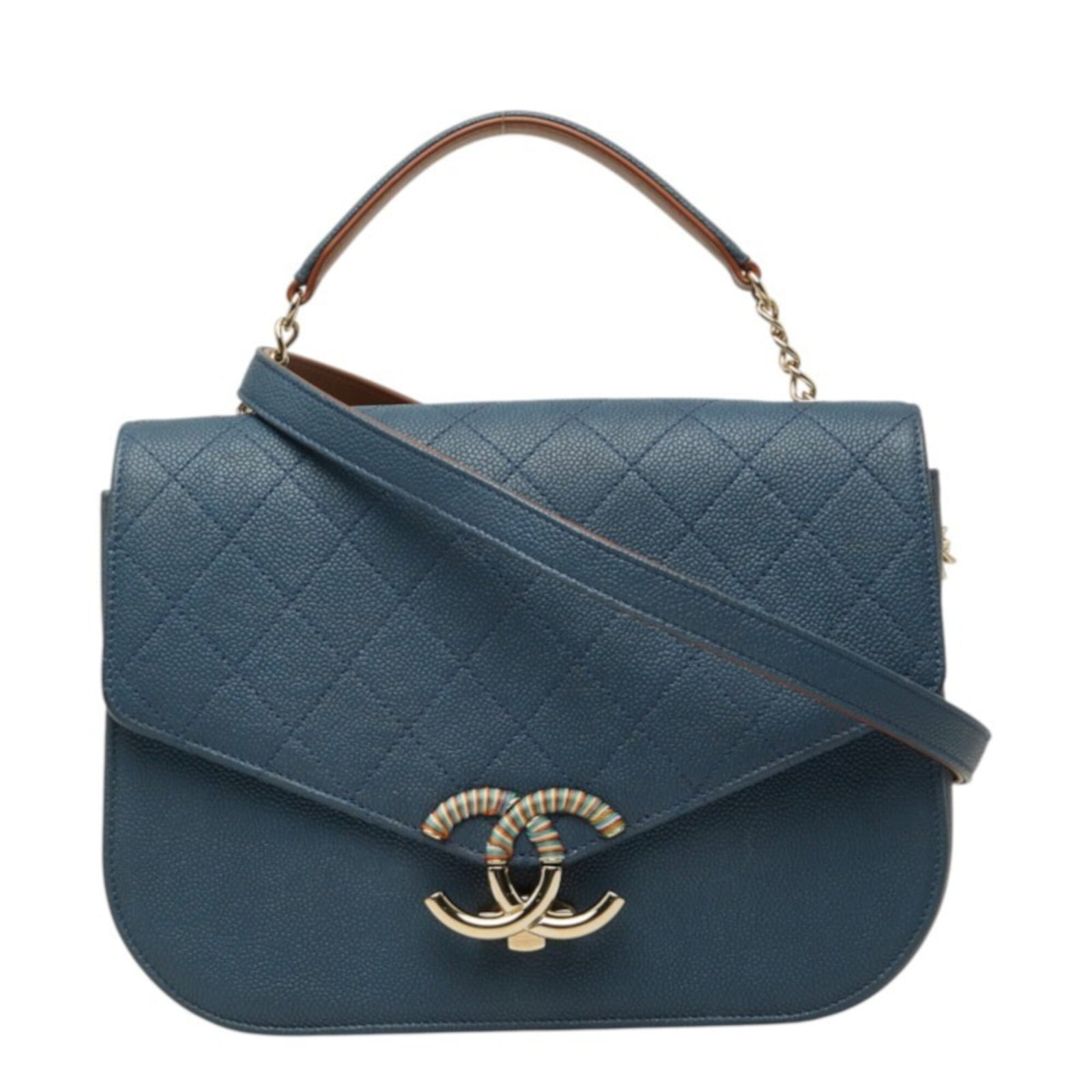 Calfskin Grained Shoulder Bag Handbag: Calfskin Grained Shoulder Bag Handbag Grained Calfskin Shoulder Bag in Blue. This Chanel-style handbag features a classic design with a durable, high-quality grained calfskin material. Its compact