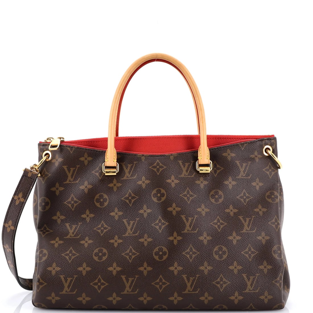 Tote Monogram Canvas with Leather Louis Vuitton: Tote Monogram Canvas with Leather Louis Vuitton Canvas Coated Louis Vuitton Tote with Leather Strap, featuring the iconic Monogram pattern in both red and brown hues, and a gold-toned hardware detail.
