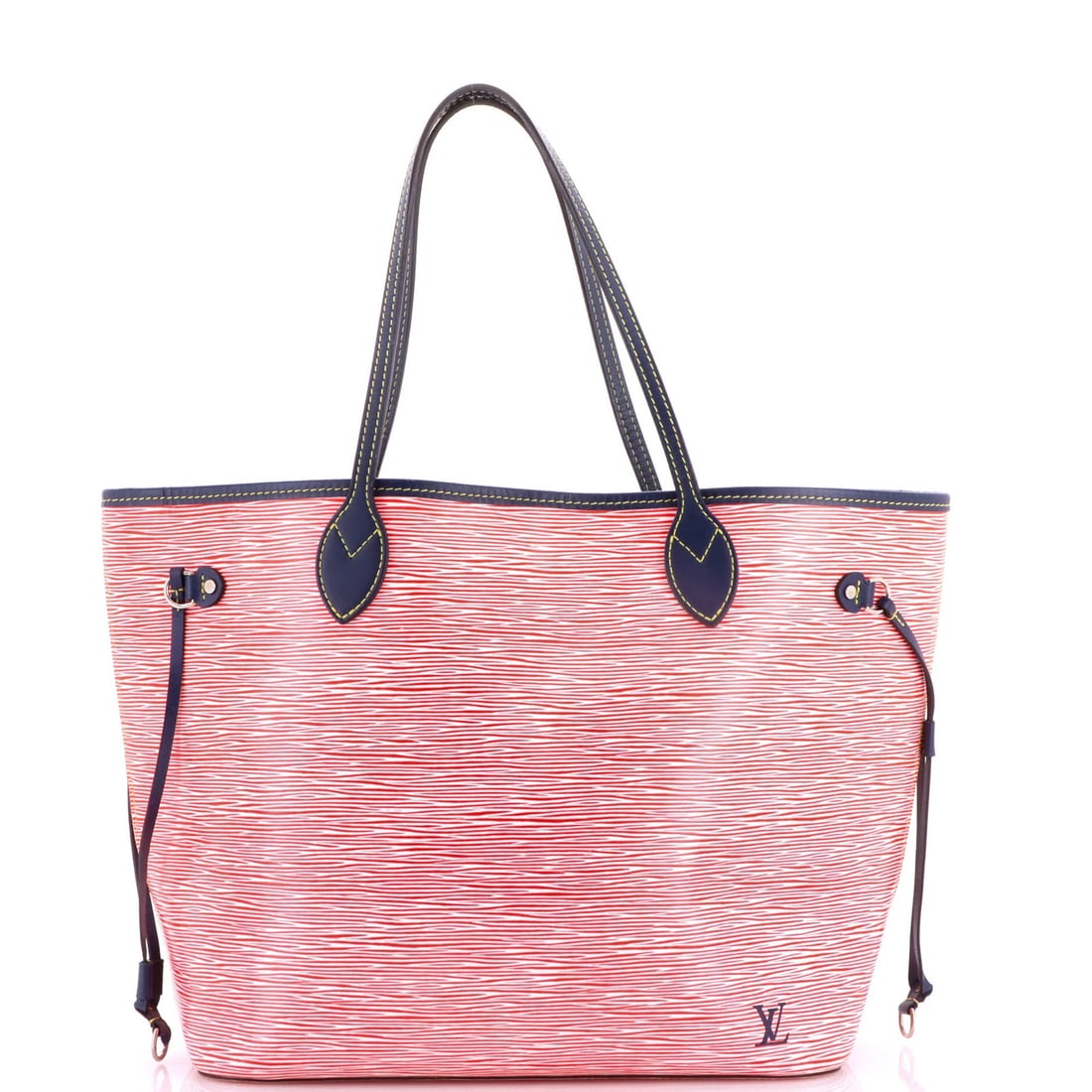 Louis Vuitton Neverfull Tote Epi Leather MM: Louis Vuitton Neverfull Tote Epi Leather MM Red Louis Vuitton Neverfull Tote Epi Leather MM, featuring heavy edge wear, scuffs, and discoloration, with minor creases and scuffs on the handles and stra