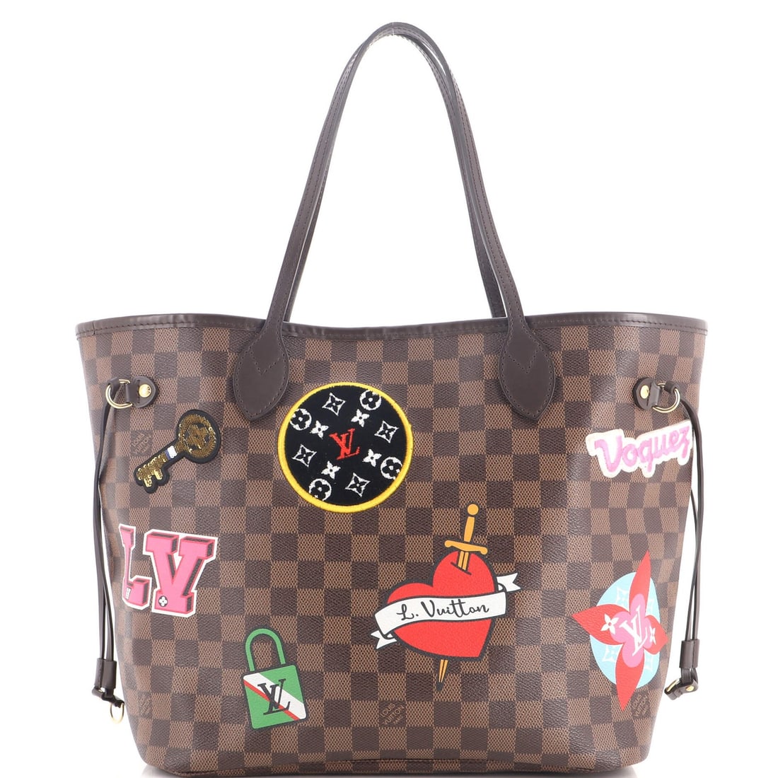 Limited Edition Patches Damier Vuitton Louis Neverfull Tote NM: Limited Edition Patches Damier Vuitton Louis Neverfull Tote NM Canvas Coated Damier Vuitton patches adorn the exterior of this Limited Edition Louis Vuitton Neverfull Tote, adding a touch of unique st