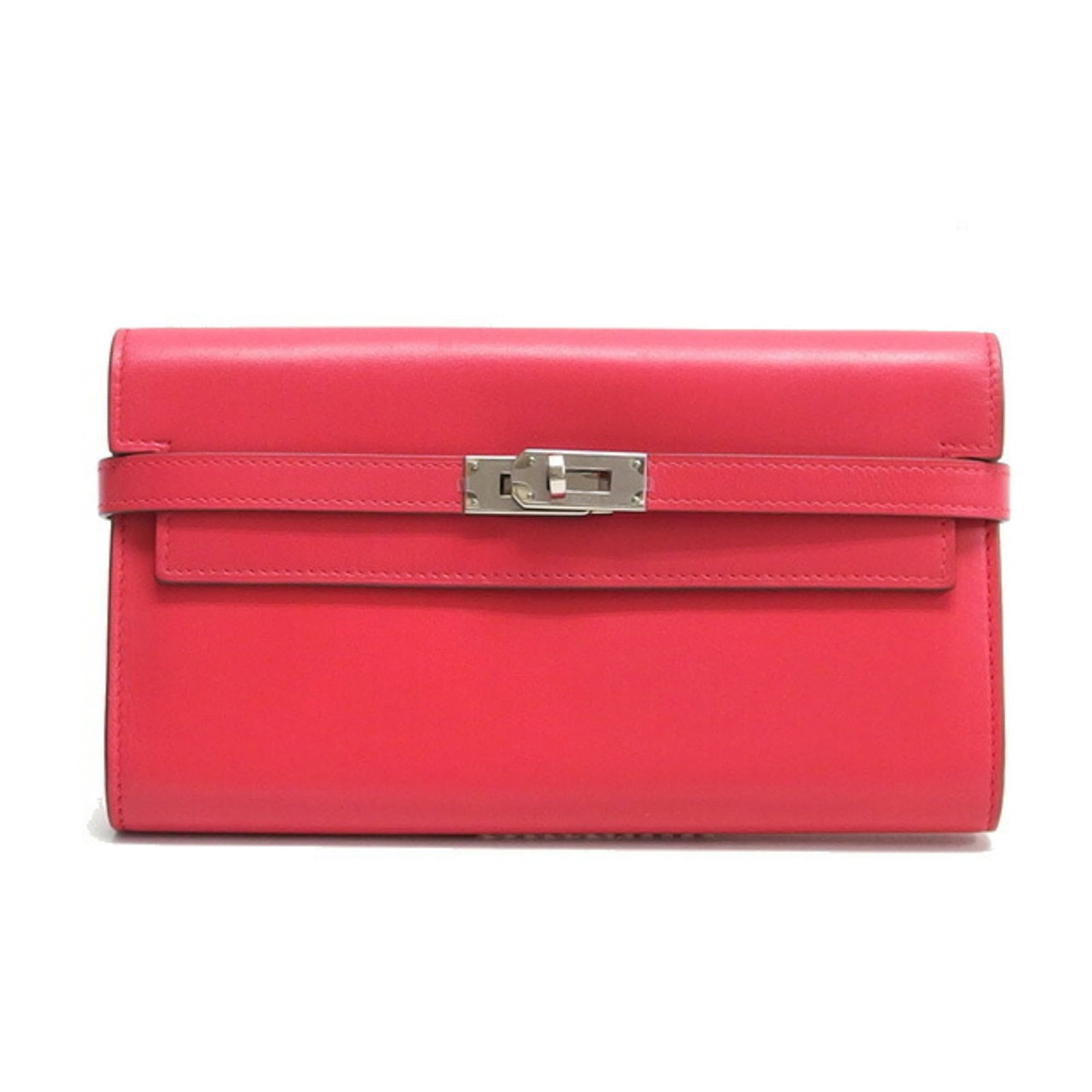 Box calf leather bi-fold wallet from Hermes: Box calf leather bi-fold wallet from Hermes Box calf leather bi-fold wallet from Hermes features a sleek design with a pink color and precise measurements of 11.5cm x 20cm x 3cm. This stylish wallet