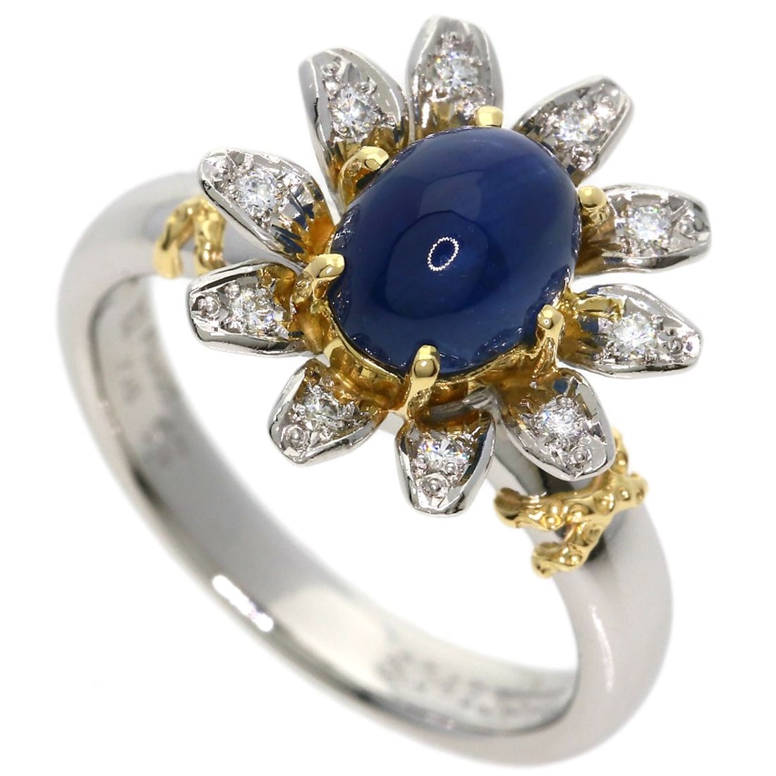 Cabochon Sapphire Diamond Ring Platinum Pt900 18K Nobuko Ishikawa #52: Cabochon Sapphire Diamond Ring Platinum Pt900 18K Nobuko Ishikawa #52 The NOBUKO ISHIKAWA #52 platinum ring boasts a striking silver cabochon sapphire, set against a platinum backdrop. This 18K