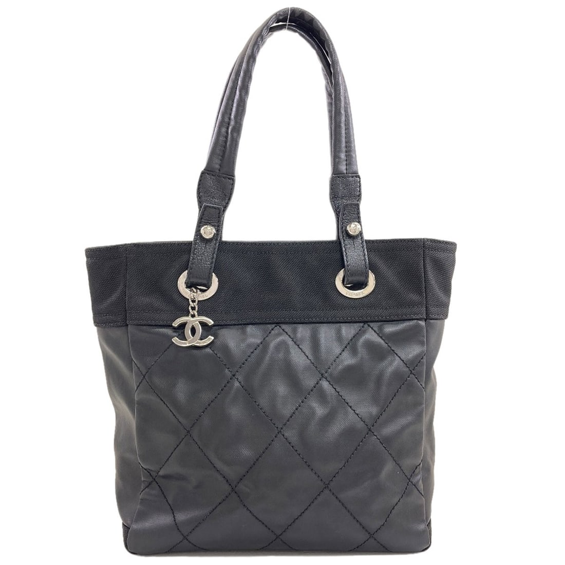 Handbag Coating Chanel Paris Biarritz Pm Canvas: Handbag Coating Chanel Paris Biarritz Pm Canvas Black Chanel Paris Biarritz Pm Canvas Handbag with Coating. This handbag features a classic design with a 11.0 inch height and 10.2-13.8 inch width,