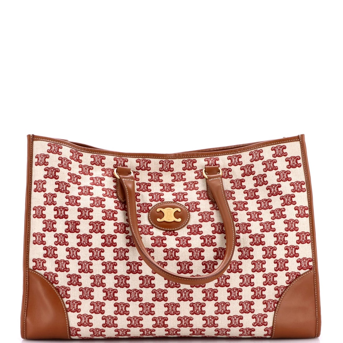 Cabas Tote Triomphe Celine Horizontal Canvas: Cabas Tote Triomphe Celine Horizontal Canvas Burgundy canvas exterior with neutral interior, this Celine Horizontal Cabas Tote Triomphe features a classic design with a 7" drop handle and gold hardwar