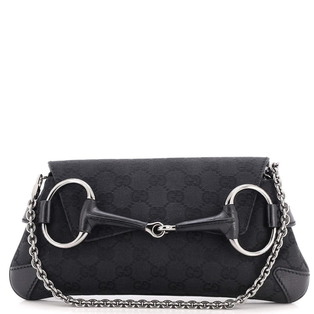 Gucci Horsebit Chain Clutch Canvas Leather Medium GG: Gucci Horsebit Chain Clutch Canvas Leather Medium GG The Gucci Horsebit Chain Clutch Canvas Leather Medium GG boasts a sleek, black design with a striking Horsebit chain detail. Crafted from a combina